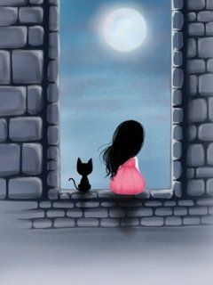 Menina com Gato Sob a Luz da Lua