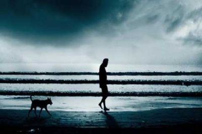 Silhueta de um Homem Caminhando com um Cão