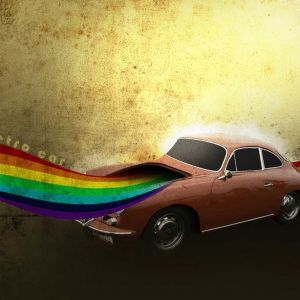 Carro Retro com Arco-Íris