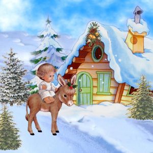 Cena de Inverno Fofa com Criança e Burro