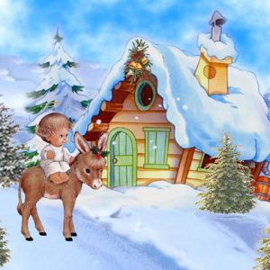 Cena de inverno fofa com bebê e burro