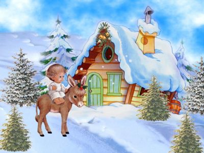 Cena de inverno fofa com bebê e burro