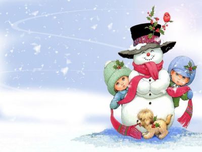 Boneco de Neve com Crianças e Filhote