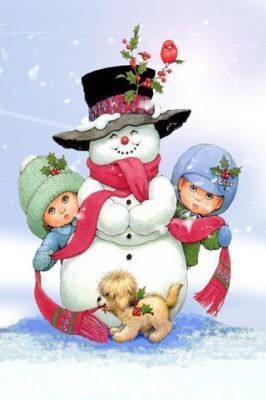 Boneco de neve com crianças e cachorro