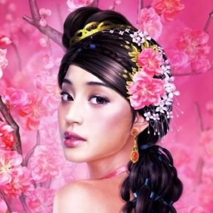 Linda mulher asiática com flores de cerejeira