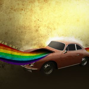 Carro vintage com fluxo arco-íris